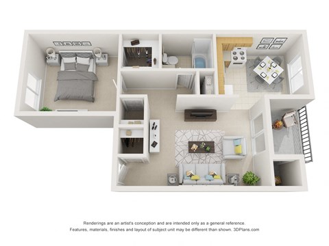 a conceptual drawing of a 1 bedroom floor plan with a bathroom and a living room